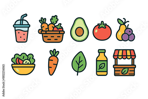 Healthy food icon set. Fruits, vegetables outline icons for food apps and menus