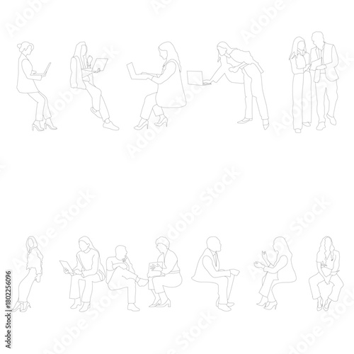 A clean line-art composition showing people in everyday work moments - using laptops, checking phones, talking, sitting, walking, and taking short breaks. Minimal outlines highlight natural poses.