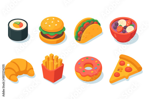 Fast food 3d icon set. Burgers, sushi, pizza, and snacks in playful 3d style