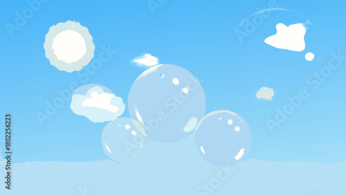 Illustration of a bright blue sky with fluffy white clouds and transparent bubbles floating in the air