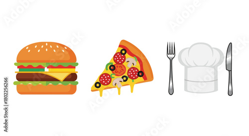 Colorful food icons featuring burger, pizza slice, and chef hat with cutlery