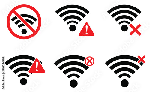 Collection of Isolated Black Wifi Icons with Red Alert, Restricted and Error Signs
