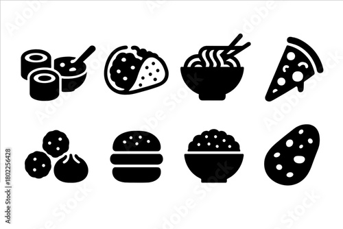 Food and cuisine silhouette icon set. Asian, fast food, pizza, burger silhouettes