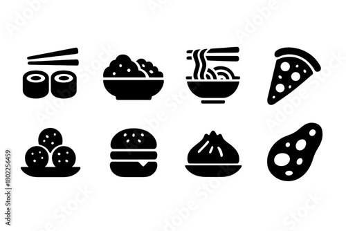 Food silhouette icon set for fast food and asian cuisine. Pizza, sushi, burger icons.