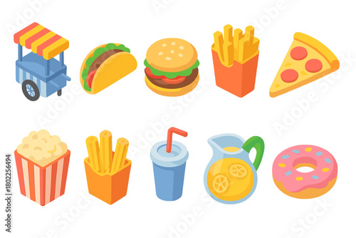 Food and snack 3d icon set. Fast food, snacks, and drinks collection in 3d style