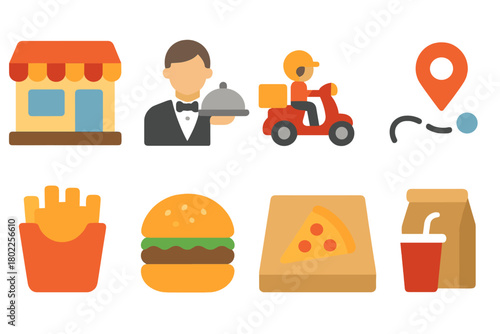 Food delivery flat icon set. Restaurant, fast food, location icons collection