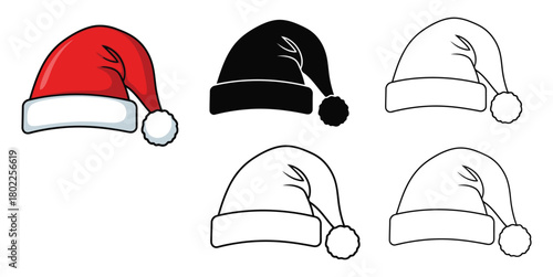 Collection of Cartoon Santa Hats with White Trim Isolated on a Transparent Background