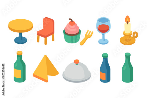 Dining, beverage 3d icon set. Restaurant, food and drink icons collection