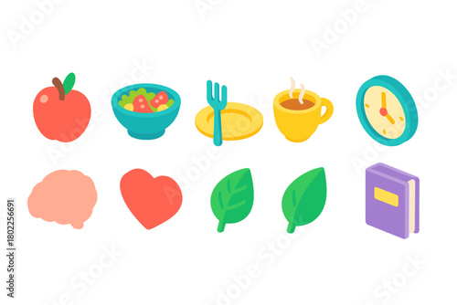 Healthy lifestyle 3d icon set. Nutrition, fitness, wellness symbols in vibrant colors.
