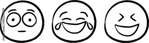 Three cartoon eggs with different facial expressions showing surprise laughter and joy