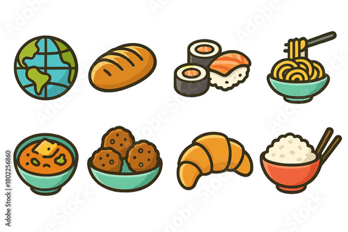 Food and world outline icon set: global cuisine, dishes, foodie outline elements