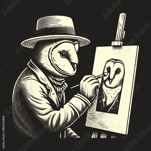 Owl Artist Painting Self Portrait in Monochrome.