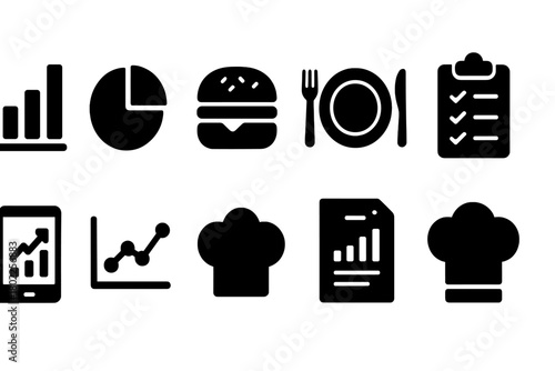 Restaurant business solid icon set for culinary, dining, and analytics