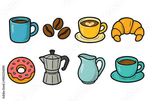 Coffee and breakfast flat icon set. Cafe, beverage, pastry icons collection