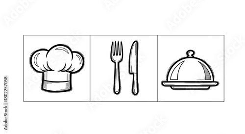 Classic culinary icons in black and white: chef hat, cutlery, and cloche