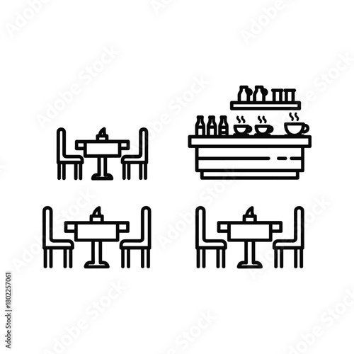 Minimalist line art icons featuring restaurant dining tables with chairs and a detailed beverage bar counter setup.