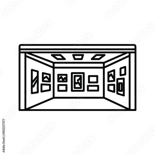 Line art icon of a modern art gallery interior with various framed exhibits on walls, representing culture and display