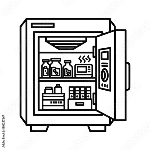 Vending machine with open door revealing various items, beverages, and snack products inside for automated retail sales