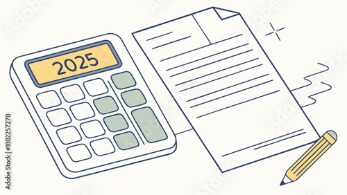 Calculator displaying the year 2025 next to a document and a pencil on a light background