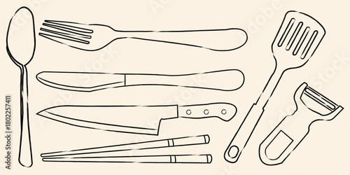 kitchen basic utensils unique lineart vector
