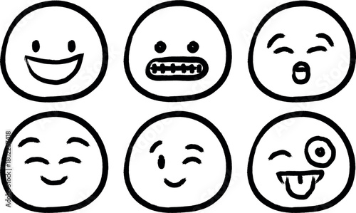 Set of six hand drawn cartoon egg faces with different funny and expressive emotions and expressions