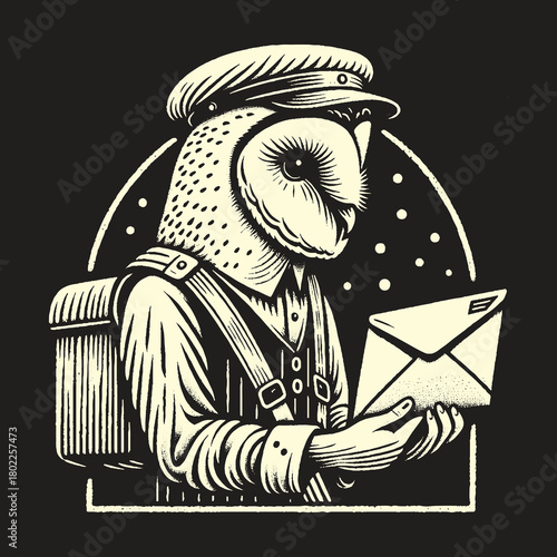Owl Postman Delivering Letter with a Backpack and Uniform.