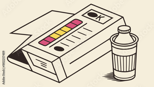 Illustration of a water testing kit with color indicators and a bottle on a light background