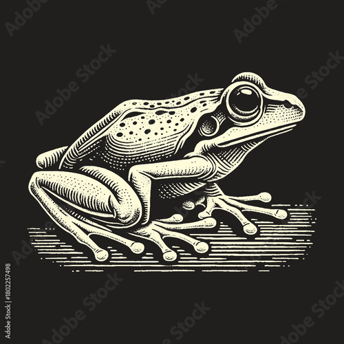 Detailed Frog Illustration on Dark Background Artistic Rendering.