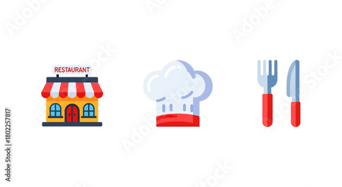 Restaurant icons: building, chef hat, cutlery in modern flat design