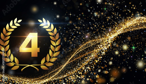 4th Anniversary Golden Laurel Wreath and Sparkling Wave Background　4位・4周年の豪華な背景　黒背景に金色の月桂樹と数字の4、きらめく光のウェーブ　デジタルイラスト