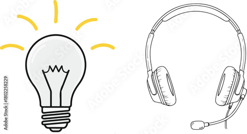 Hand-Drawn Lightbulb and Headphones on White Background