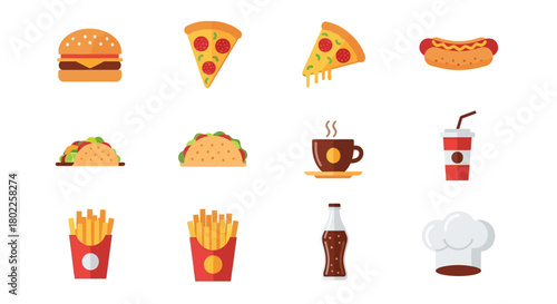 Colorful flat icons of popular fast food items including burgers, pizza, and drinks