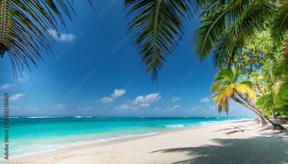 Obraz premium idyllic beach paradise retreat featuring white sand turquoise sea and palm tree canopy under a bright sky offering a serene summer escape and coastal vacation destination for