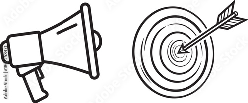 Line Art Megaphone and Target with Arrow on White Background