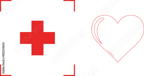 Red Cross and Outline Heart on White Background