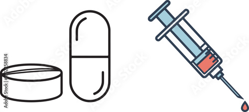 Simple Iconography of Pills and Syringe on White Background