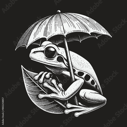 Frog Under Umbrella on Leaf Black and White Illustration.