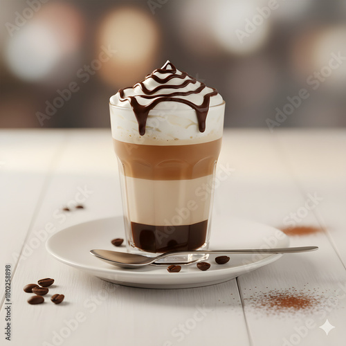 Gourmet Layered Latte Coffee Drink Topped with Whipped Cream and Chocolate Sauce, Served in a Glass on a White Table.