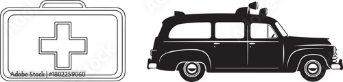 Outline First Aid Kit and Silhouette Ambulance Vehicle