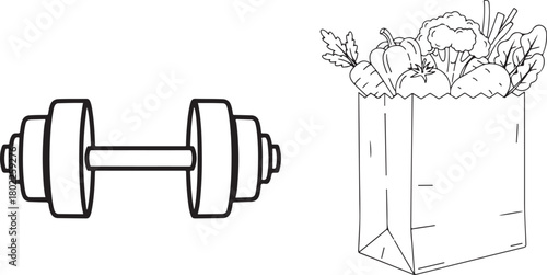 Outline Dumbbell and Grocery Bag Filled with Vegetables