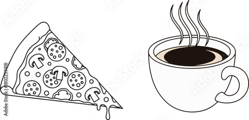 Black and White Outline of Pizza Slice and Coffee Cup
