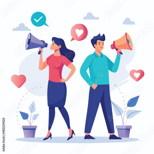 Dynamic illustration of a man and woman back to back holding large loudspeakers projecting sound waves outward