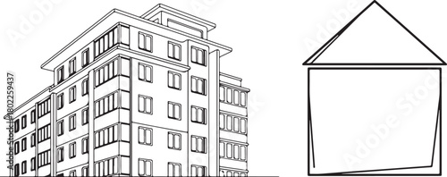 Black and White Outline of Apartment Building and House Shape
