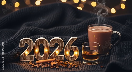 Cozy 2026 new year scene with hot chocolate and whiskey