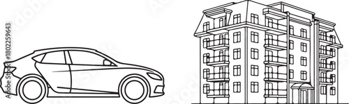 Clean outline illustration of a contemporary car and urban residential building