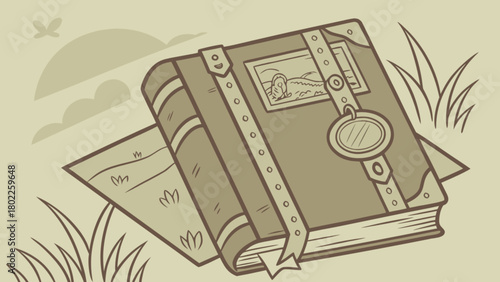 Illustration of a vintage book with straps and a landscape picture lying on a map in a field scene