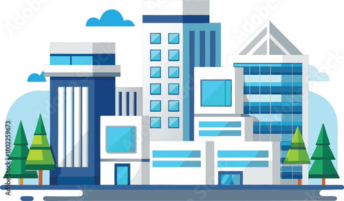 Modern cityscape with tall buildings and green trees