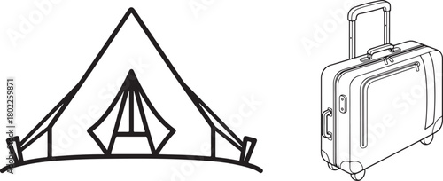 Simple Black Outline Illustrations: Camping Tent and Travel Suitcase
