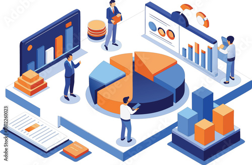 Business team analyzing data with charts and graphs on screens