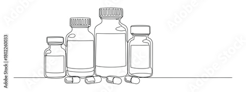 Continuous Line Art Pill Bottles and Capsules on White Background Minimalist Style